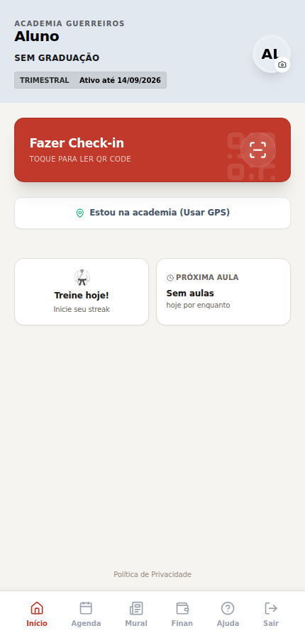 App do aluno do ClanApp, com check-in, próxima aula e acesso ao Mural da academia